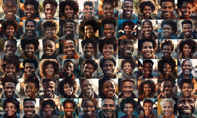 collage of black adult men and women smiling, collage of portrait, grid of 60 cheerful faces,  group photo