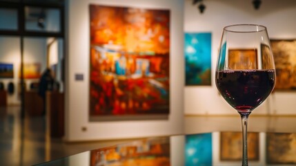 Glass of wine in an art gallery, generative ai - obrazy, fototapety, plakaty
