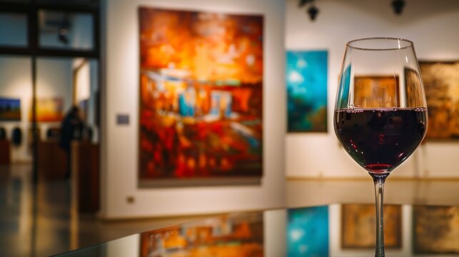 Naklejki Glass of wine in an art gallery, generative ai