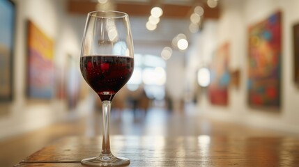 Glass of wine in an art gallery, generative ai