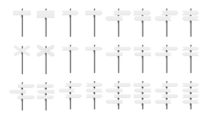 Vector 3D Wooden Sign Post Set. Realistic Blank Signboard on Road, Plywood Pointer, Timber, Wood Texture. Signpost for Pointing Direction, Isolated. Navigation Design Elements, Directional Concepts