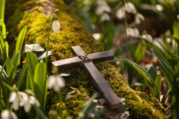 Wooden Cross with flower in fresh spring forest