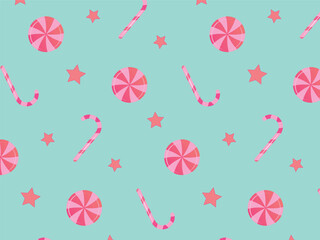 Candy and stars seamless pattern. Can be used for wallpaper, pattern fills, web page background, fabric, surface textures. Vector illustration.	