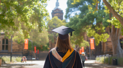 Caucasian woman in graduation attire near university, seen from behind - obrazy, fototapety, plakaty