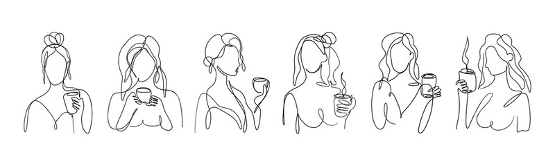 One line drawing of woman with coffee. Abstract girl with cup, minimal art for wall decor, print, cafe concept. Vector linear set