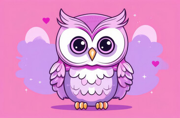 Cute cartoon owl on pink background. 