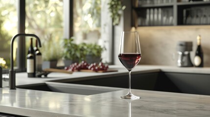 Wine glass on a modern kitchen counter, showing the elegance of wine in a contemporary setting generative ai