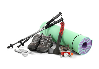 Set of camping equipment with trekking piles, hatchet and portable stove on white background