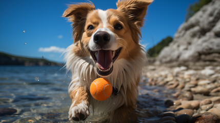 Sur une plage paisible, un chien joyeux court après une balle lancée par son propriétaire, sous le regard amusé des passants. - obrazy, fototapety, plakaty