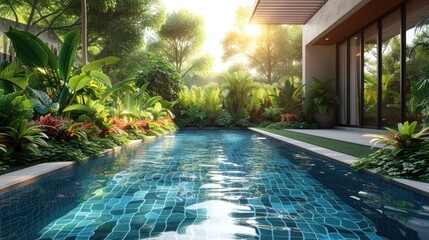 paradise dreamy swimming pool surrounded by tropical plants and flowers. Generative AI. - obrazy, fototapety, plakaty