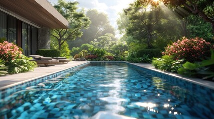 paradise dreamy swimming pool surrounded by tropical plants and flowers. Generative AI.