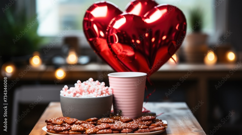 Canvas Prints A table topped with a plate of cookies and two red balloons, AI