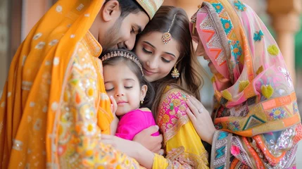 Fotobehang A family clothed in new, vibrant outfits embracing one another on Eid al-Adha morning © SaroStock