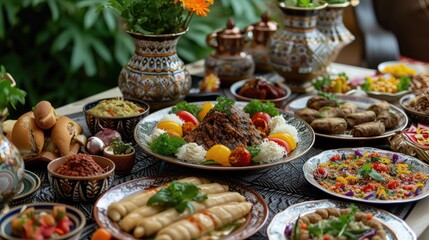 A feast layout extravagantly set with traditional and modern dishes to break the Ramadan fast