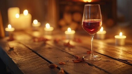 Wine glass on a rustic wooden table, surrounded by the warm glow of candles, generative ai - obrazy, fototapety, plakaty