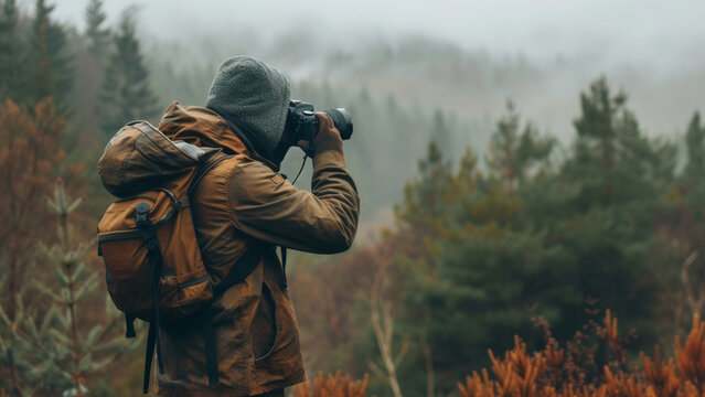 Man with camera taking picture of mountain