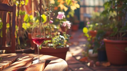 Glass of wine on a sun-drenched patio, surrounded by potted plants generative ai