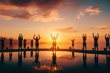 People yoga class sunset group. Meditate health. Generate Ai