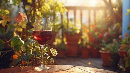 Naklejka na ściany i meble Glass of wine on a sun-drenched patio, surrounded by potted plants generative ai
