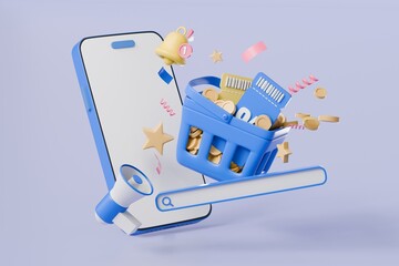 3d minimal cartoon smartphone with blue coupon voucher ticket with a basket cart and search bar for online shopping icon concept. 3d minimal cartoon style isolated purple background. 3d rendering.