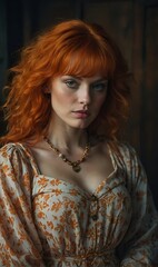 Redhead Woman in Floral Vintage Dress with Intense Gaze