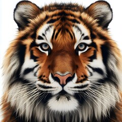 Obraz premium Portrait of a tiger facing the front of the camera, growling, direct eye contact, animal world, surrealism, sharp contrast, 8k photorealism. Generative AI