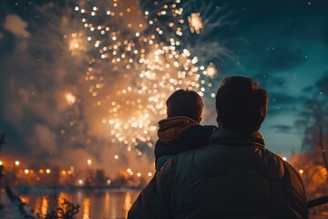 A dad with a child looks at fireworks in the night sky. - obrazy, fototapety, plakaty