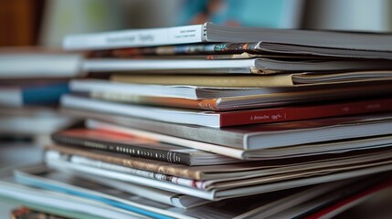 Pile of magazines on table. - obrazy, fototapety, plakaty
