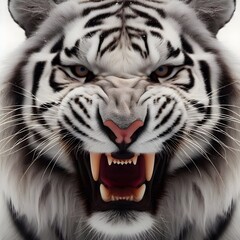 Portrait of a tiger facing the front of the camera, growling, direct eye contact, animal world, surrealism, sharp contrast, 8k photorealism. Generative AI