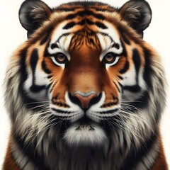 Naklejka premium Portrait of a tiger facing the front of the camera, growling, direct eye contact, animal world, surrealism, sharp contrast, 8k photorealism. Generative AI