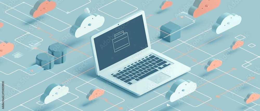Poster laptop connected to 3d clouds illustrating storage, security, and accessibility in cloud management.