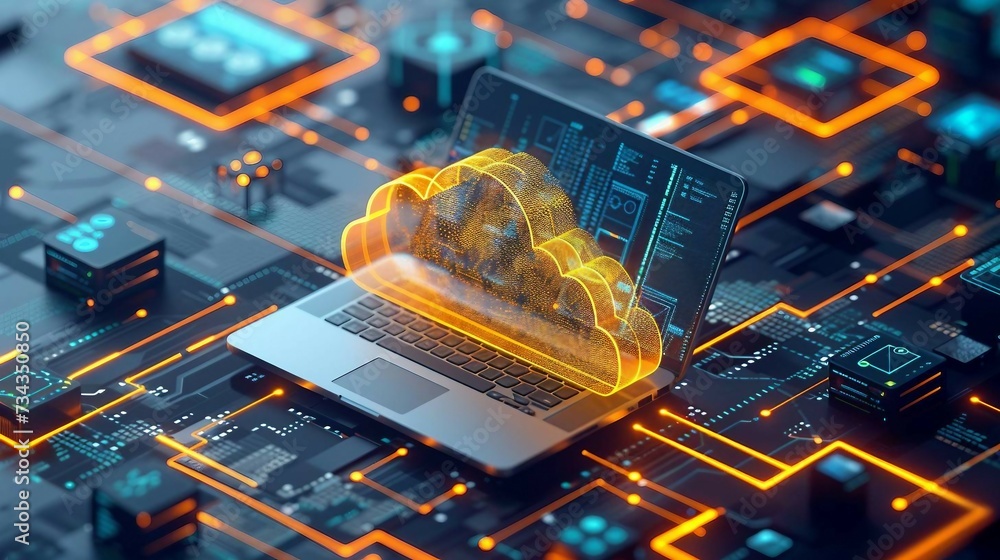 Poster laptop connected to 3d clouds illustrating storage, security, and accessibility in cloud management.