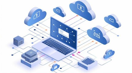  Laptop Connected to 3D Clouds Illustrating Storage, Security, and Accessibility in Cloud Management.