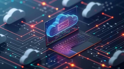  Laptop Connected to 3D Clouds Illustrating Storage, Security, and Accessibility in Cloud Management.