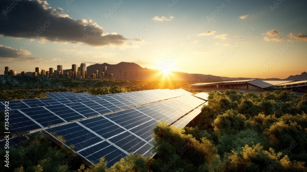 Aufkleber a solar panel array in the middle of a forest with trees, ai