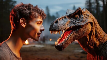 A man and a dinosaur face to face in the woods, AI
