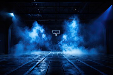Naklejka premium dark and dramatic high school basketball court, basketball hoop, blue smoke