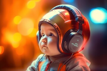 Photo a cute baby wearing headphone - obrazy, fototapety, plakaty