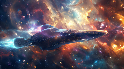 A futuristic spaceship soaring through the vast expanse of the universe, with swirling galaxies, sparkling stars