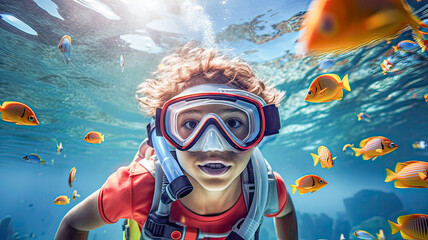 Diving kid, glasses, exploring vibrant sea.