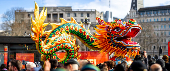 Dragon dance during Chinese lunar year celebrations in London, England