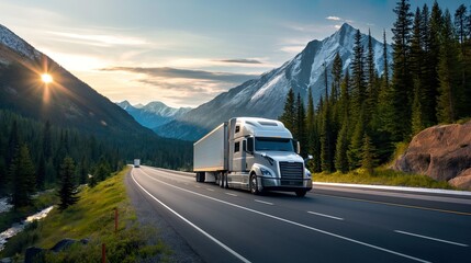 Obraz premium Truck Transportation logistics brought to life with a semi-truck in motion, spotlighting commercial hauling, express delivery, and the speed of truck transportation logistics..