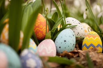 Colorful Easter Eggs in Basket on Spring Background