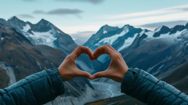 hands forming a heart with mountains in the background, close up view generative ai