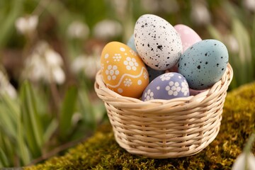 Colorful Easter Eggs in Basket on Spring Background
