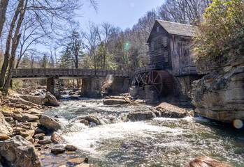 Glade Creek Grist Mill and Waterfall in West Virgina During a Sunny Spring Day