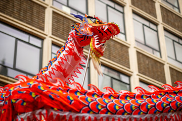 Dragon dance during Chinese lunar year celebrations in London, England