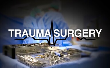 Trauma Surgery lettering, in the background the heart rate and an operating room with surgeons on...
