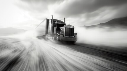 Truck Transportation logistics highlighted by a powerful black truck in city motion blur, representing rapid transit, metropolitan freight services, and streamlined truck transportation logistics.