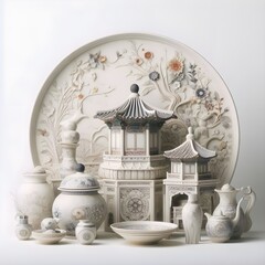ceramics expressing the beauty of the East, clear colors, delicate techniques, the beauty of the margins. Generative AI